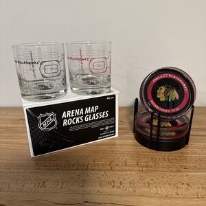 Uncommon Goods Chicago Blackhawks Arena Map Rocks Glasses & Puck Shaped Coasters